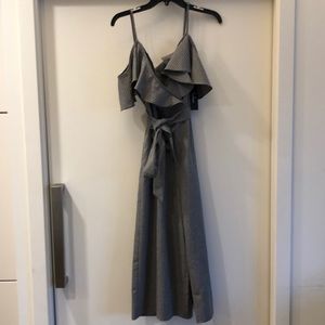 Lulus Off Shoulder Grey Pinstripe Culotte Jumpsuit